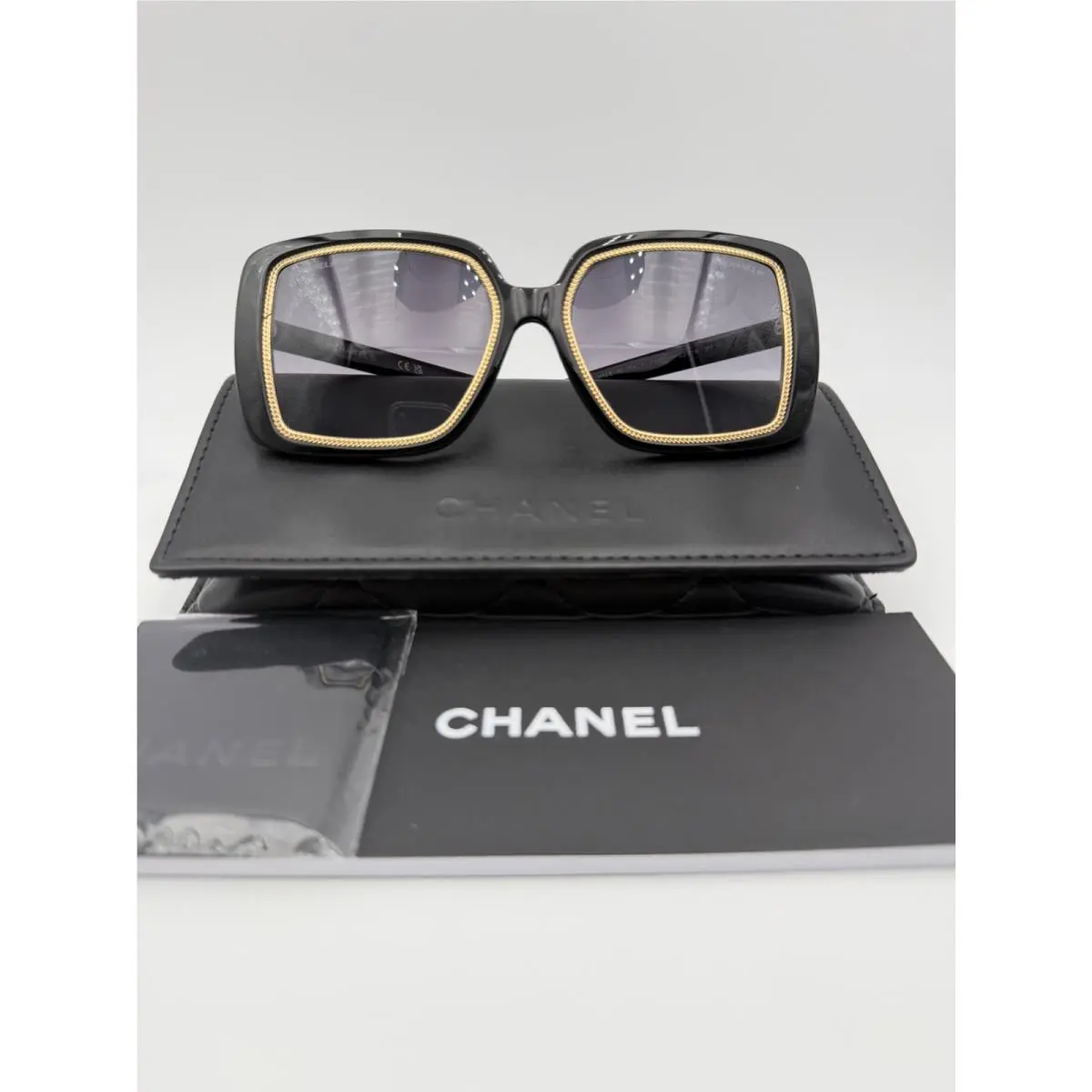 Chanel Sunglasses 71709A S2216 Black Gold Square Chain Link Detail