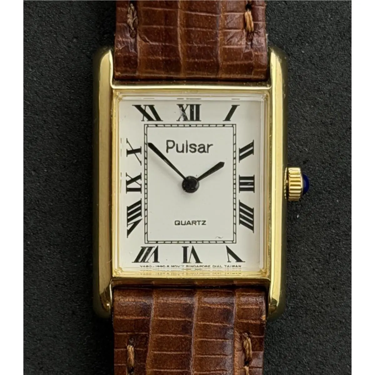 Vtg 1982  Seiko Tank Womens 30mm Quartz Watch Gold White Roman Numeral by Pulsar
