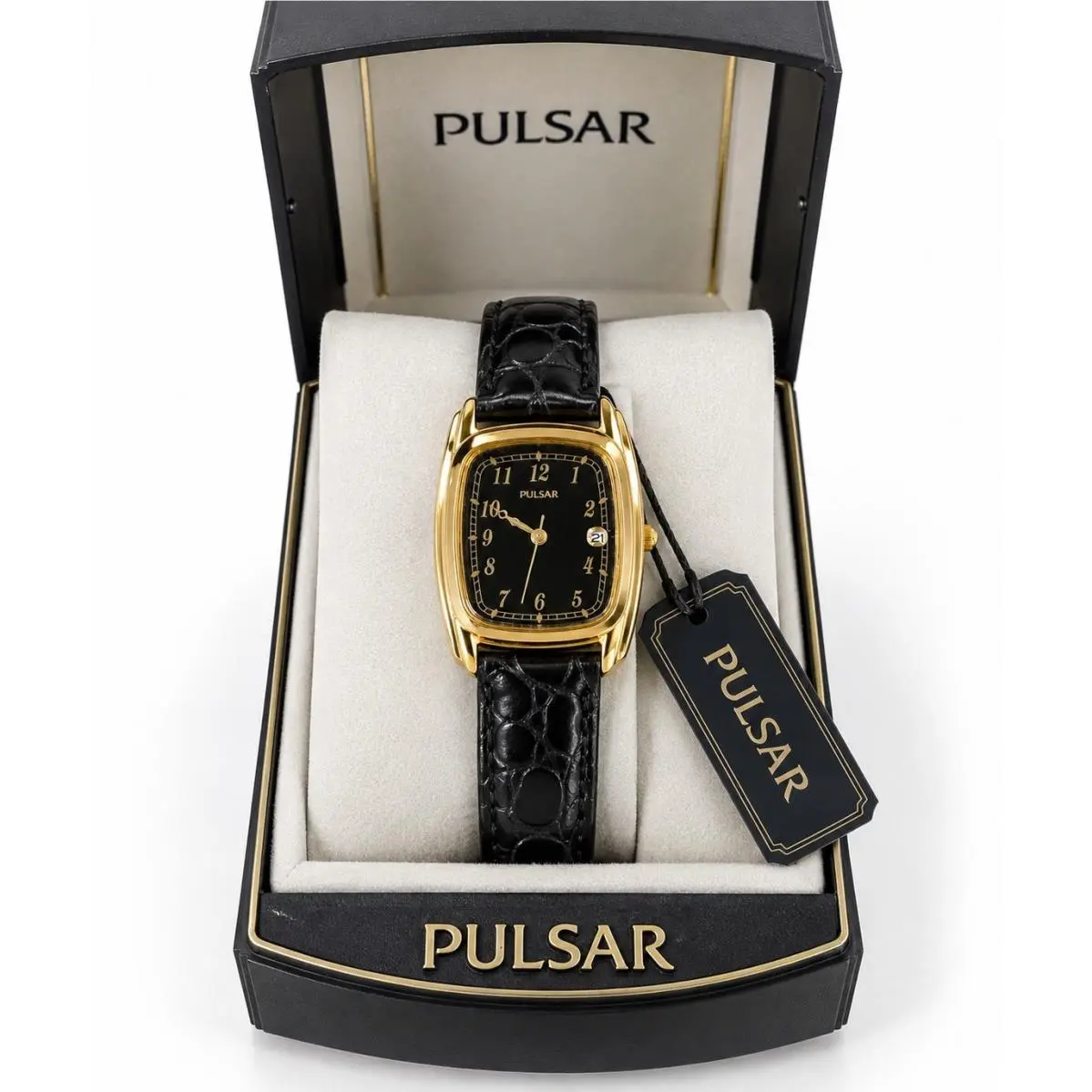 Vintage  Womens Gold Tone Quartz Watch Black Dial Leather Boxed by Pulsar