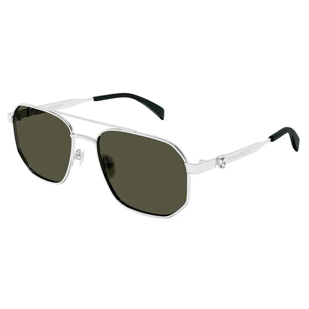 Alexander Mcqueen AM 0458S 003 Silver Metal Pilot Sunglasses Green Lens