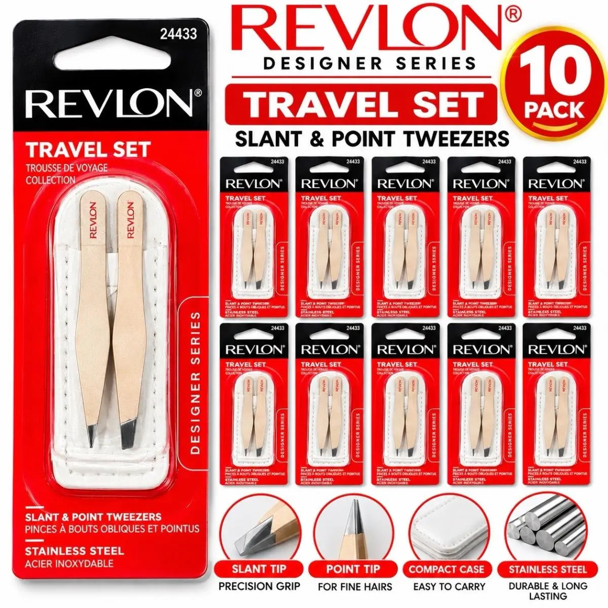 Designer Tweezers 10 Pack Stainless Steel Slant Point Tip Case 24433 by Revlon