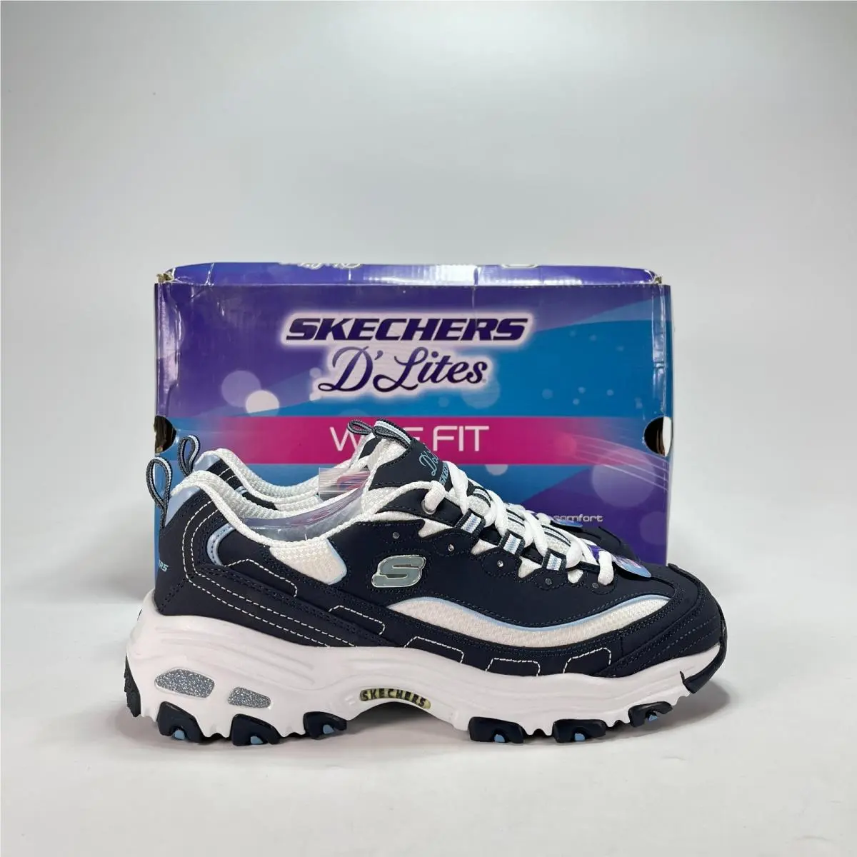 D`lites Biggest Fan Navy White Wide Fit Sneakers Women`s Size 7.5 by Skechers