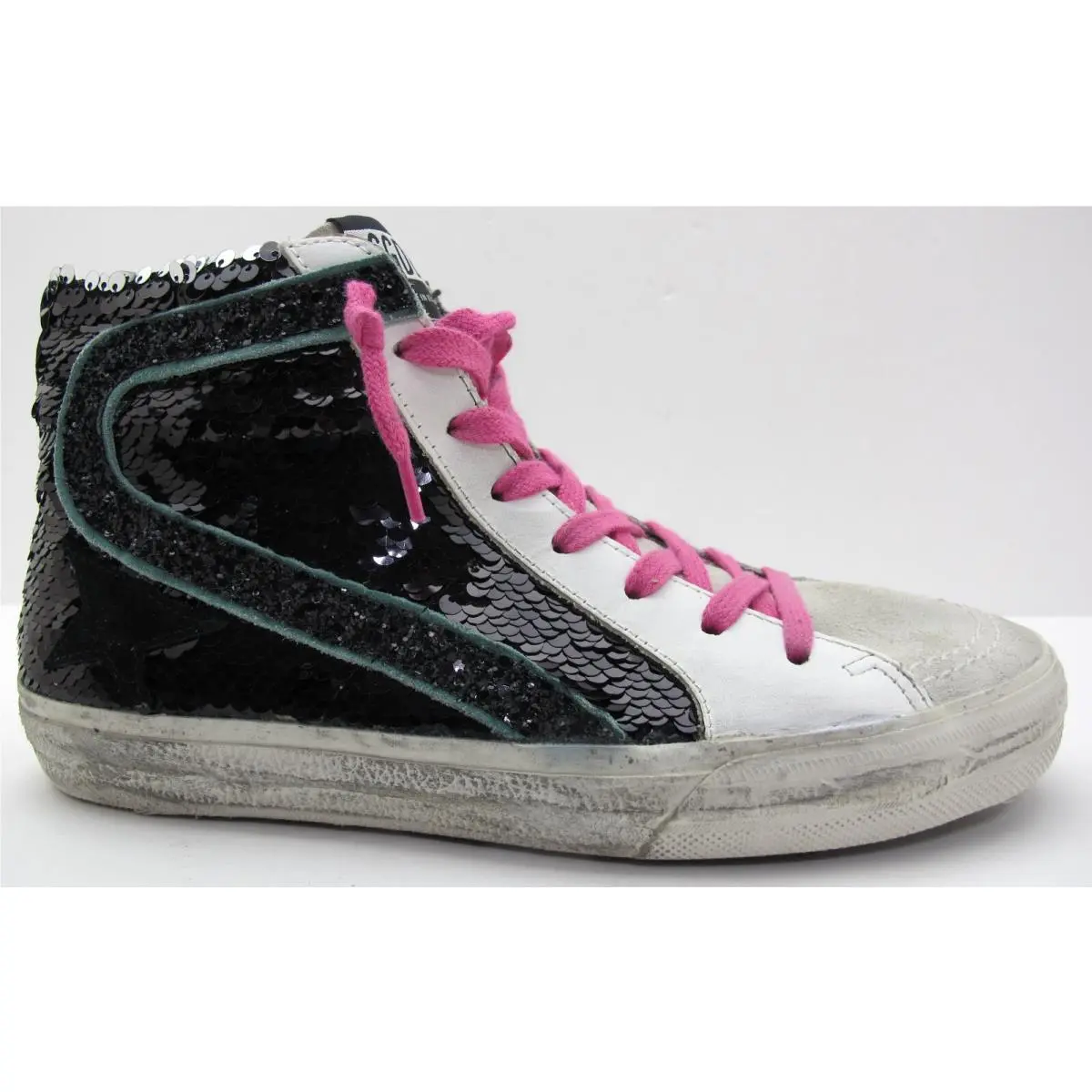 37/7US Slide Sneakers Black Sequins W/glitter Flash Green Trim by Golden Goose