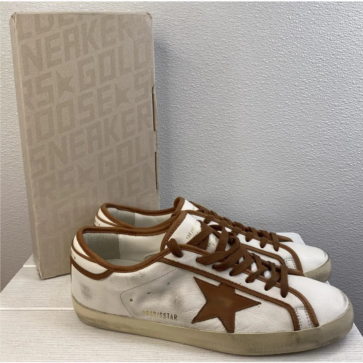 Super-star Men US12 EU45 White/brown Leather Low Top Casual Sneaker by Golden Goose