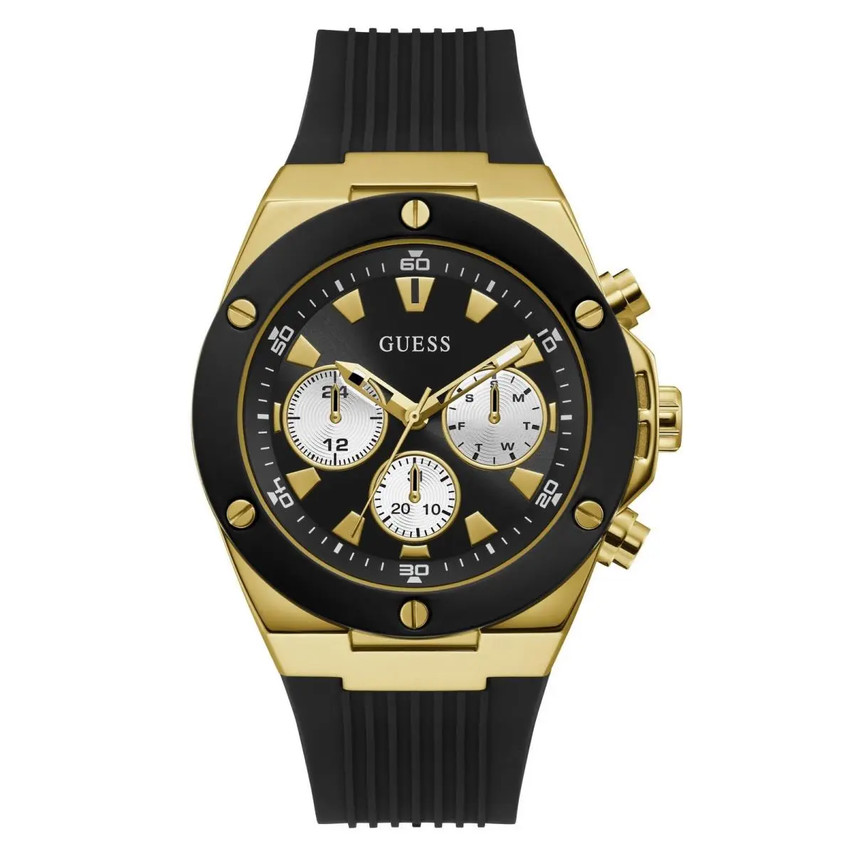Men`s Stainless Steel Analog Watch with Silicone Black/gold Tone/black by Guess