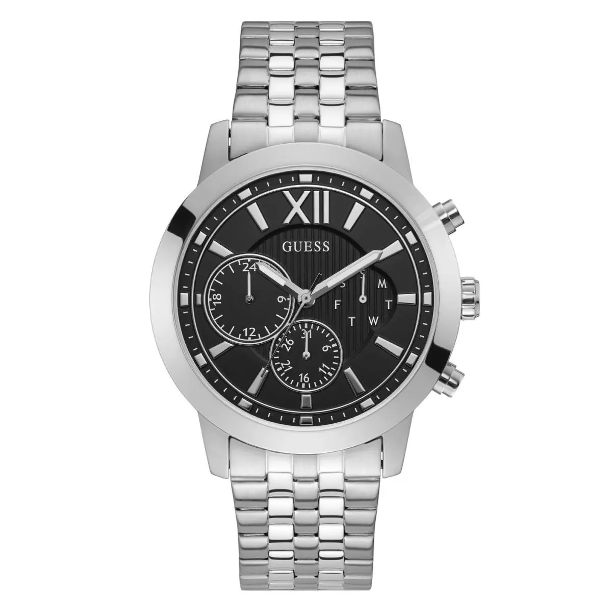 Men`s Analog Watch with Stainless Steel Silver Tone/silver Tone/black by Guess