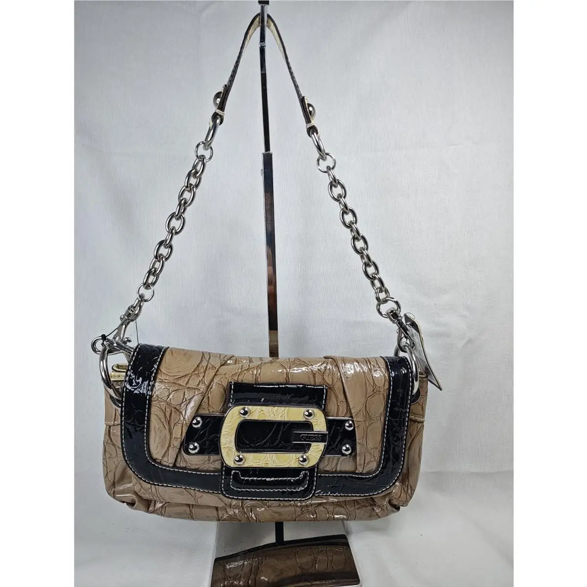 Periwinkle Taupe Multi Croc Embossed Patent Shoulder Bag CR234005 by Guess