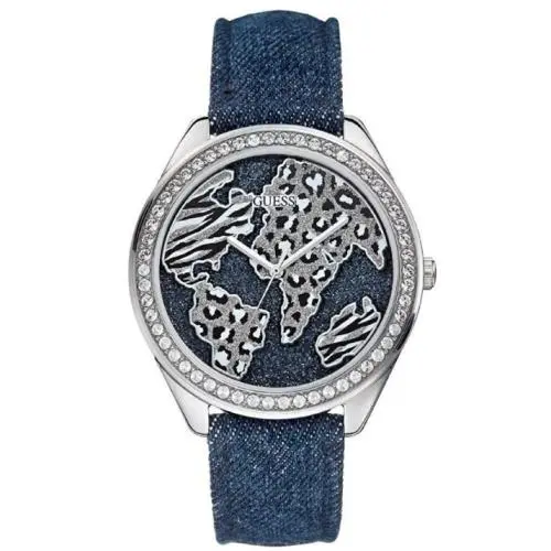 Blue Textile/leather Strap Leopard Design Dial Gemset Bezel Ladies W0504L1 by Guess