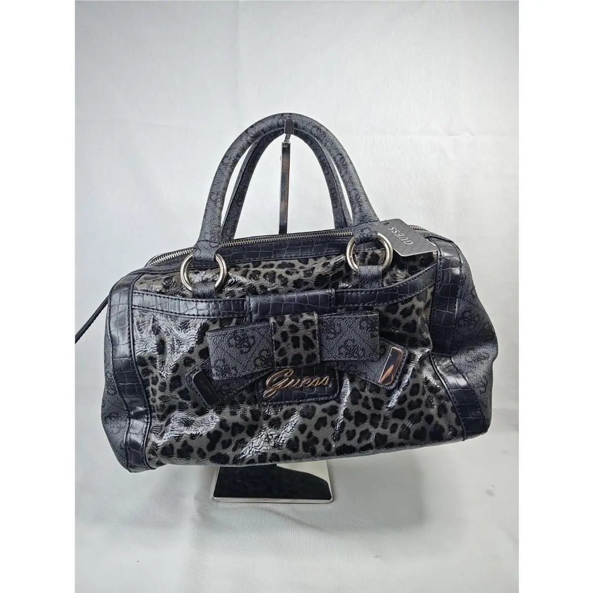 Laurita Black Leopard Print Leather Satchel Bag LE259519 by Guess
