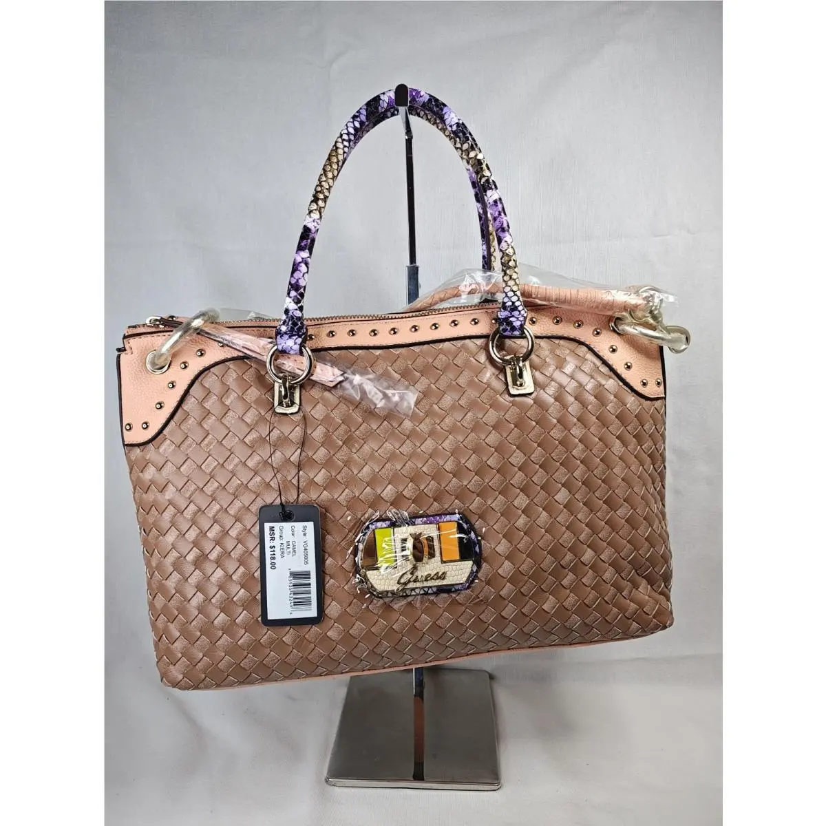 Kiera Camel Multi Woven Satchel Bag Purple Snake Handle VG405005 by Guess