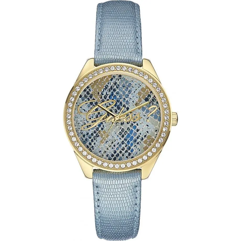Patterned Gold Tone Blue Strap Diamond Encrusted Women`s Watch W0612L1 by Guess
