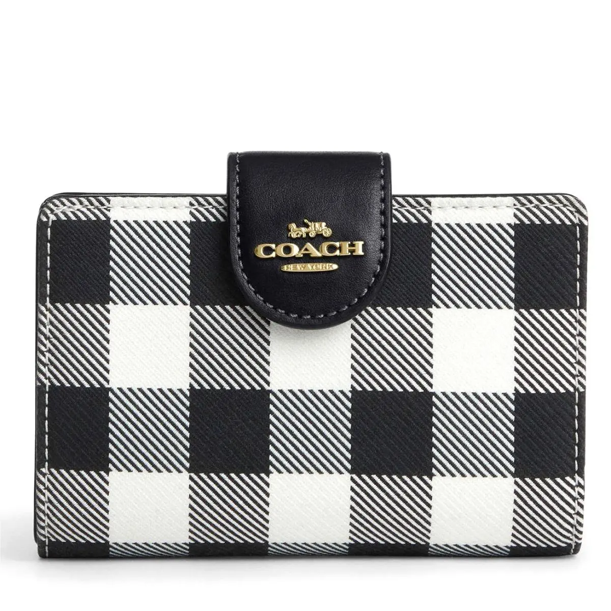 Women`s Medium Corner Zip Wallet with Gingham Print Black Multi CFA18 by Coach