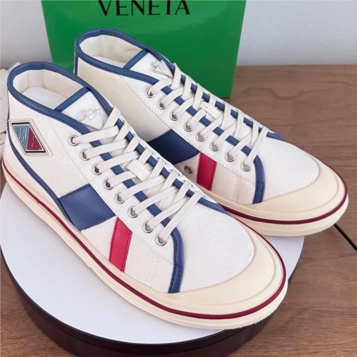 Mens Canvas High Top Sneakers White Blue Red 827556 44 US 10.5 by Bottega Veneta