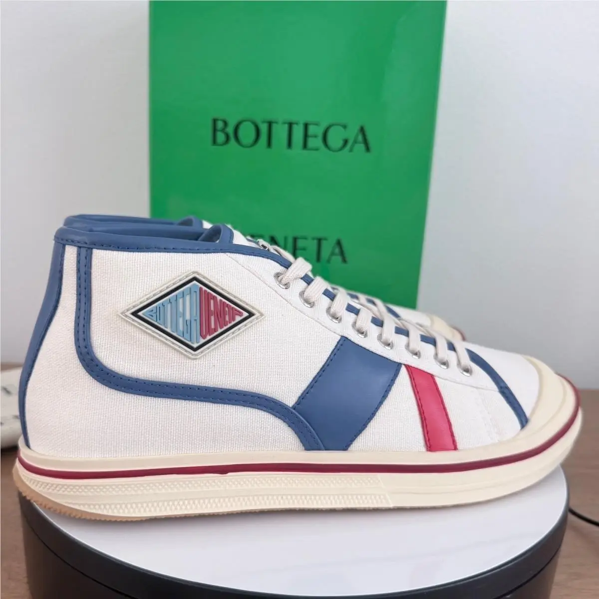 Mens Canvas High Top Sneakers White Blue Red 827556 42 US 9 by Bottega Veneta