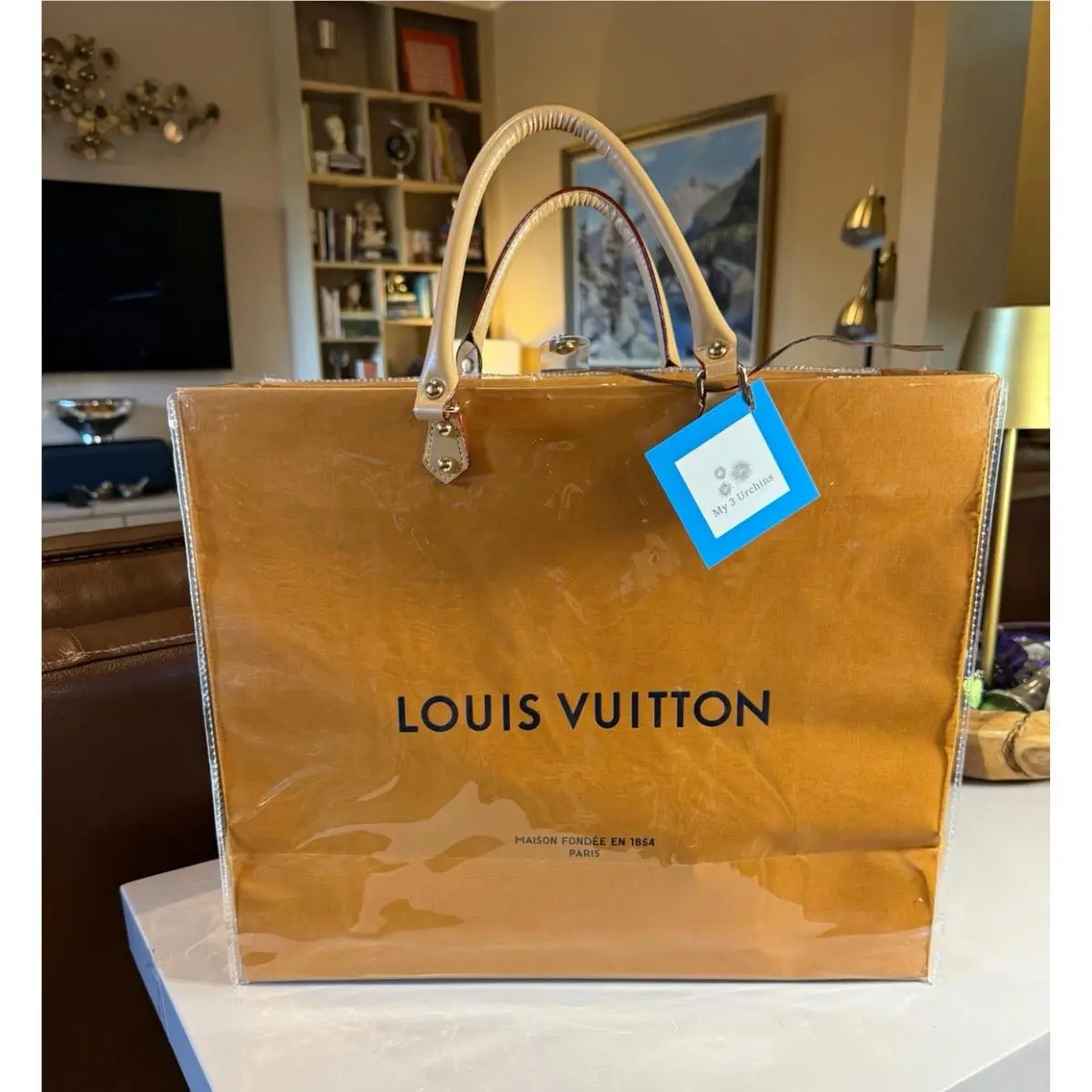 Louis Vuitton Designer Tote Bag Paper w/ Clear Plastic Cover Leather Handles