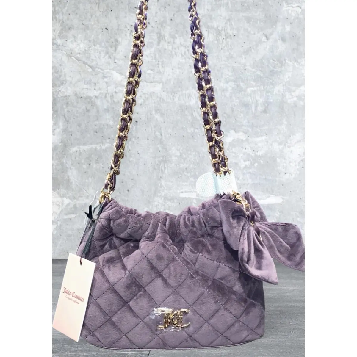 Small Plum Perfect Quilted Cinch Bucket Shoulder Bag Bow Charm by Juicy Couture