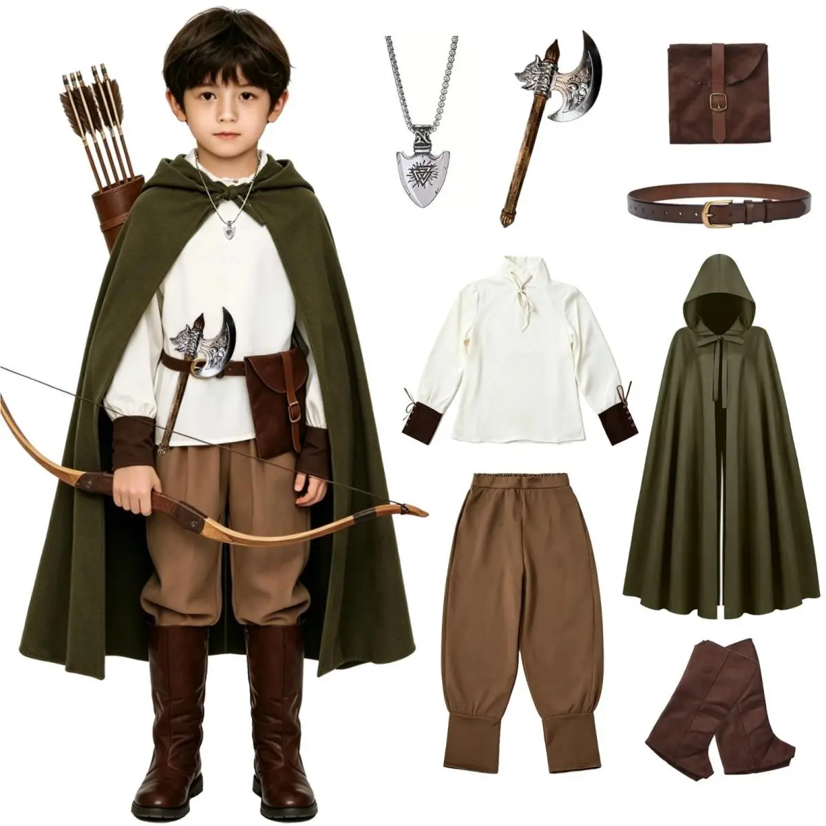 8 Pcs Medieval Costume Boys Pirate Viking Tunic Archer 9-10 Years Green